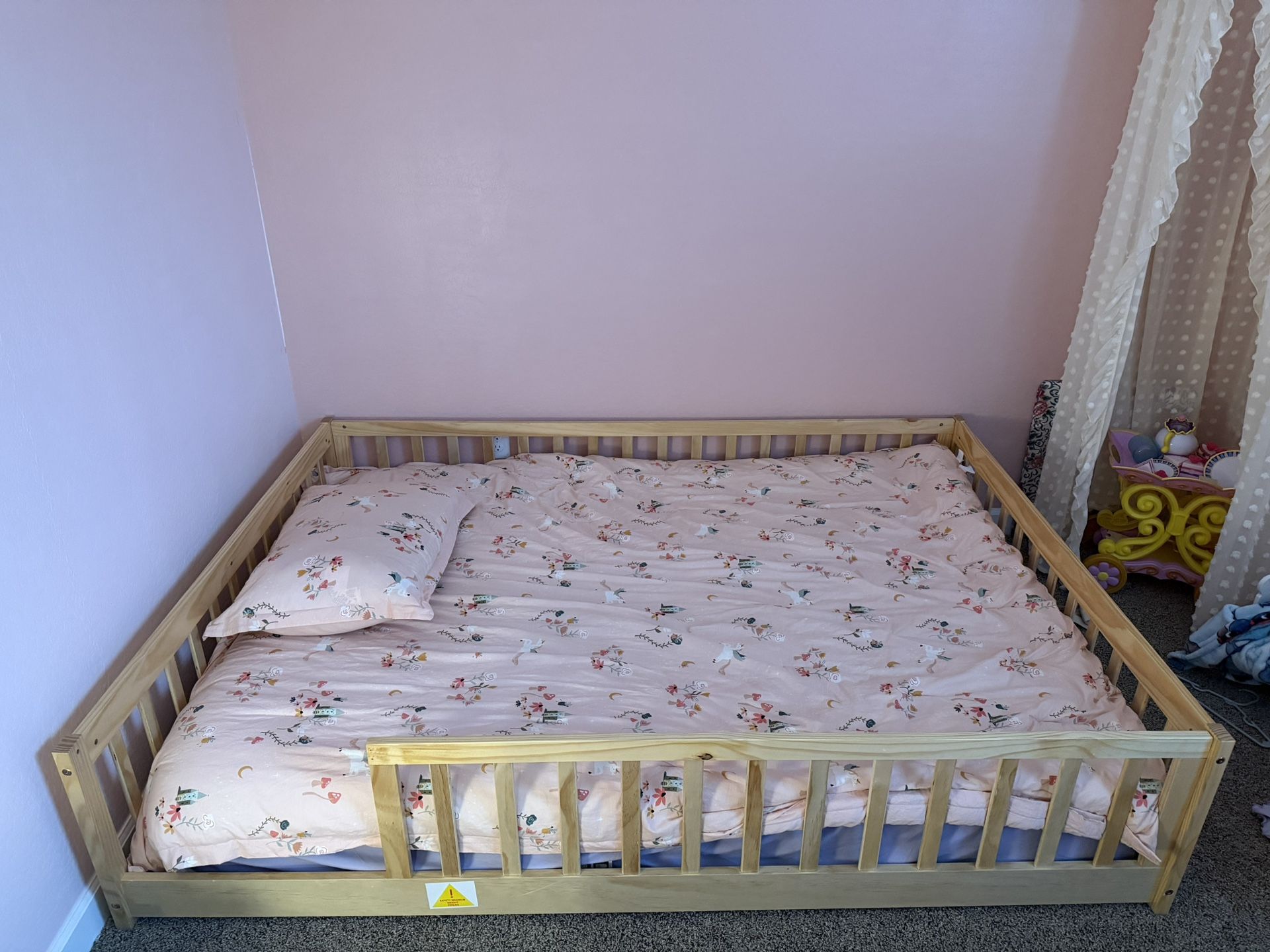 Montessori Full Size Floor Bed Frame with Slats, Fence & Door for Kids