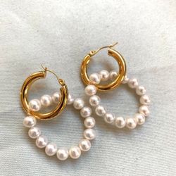 18k gold plated hoop earrings,Pearl hoop earrings, Detachable, separate earings