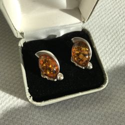Genuine Silver Earrings With Amber