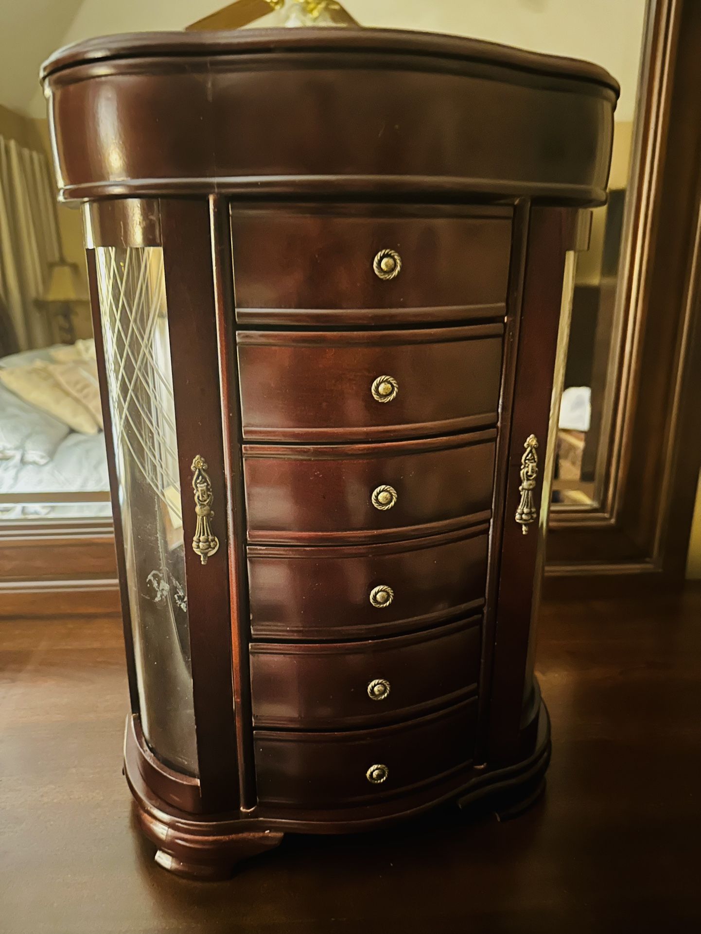 Etched Glass Mahogany Jewelry Chest Jewelry Box