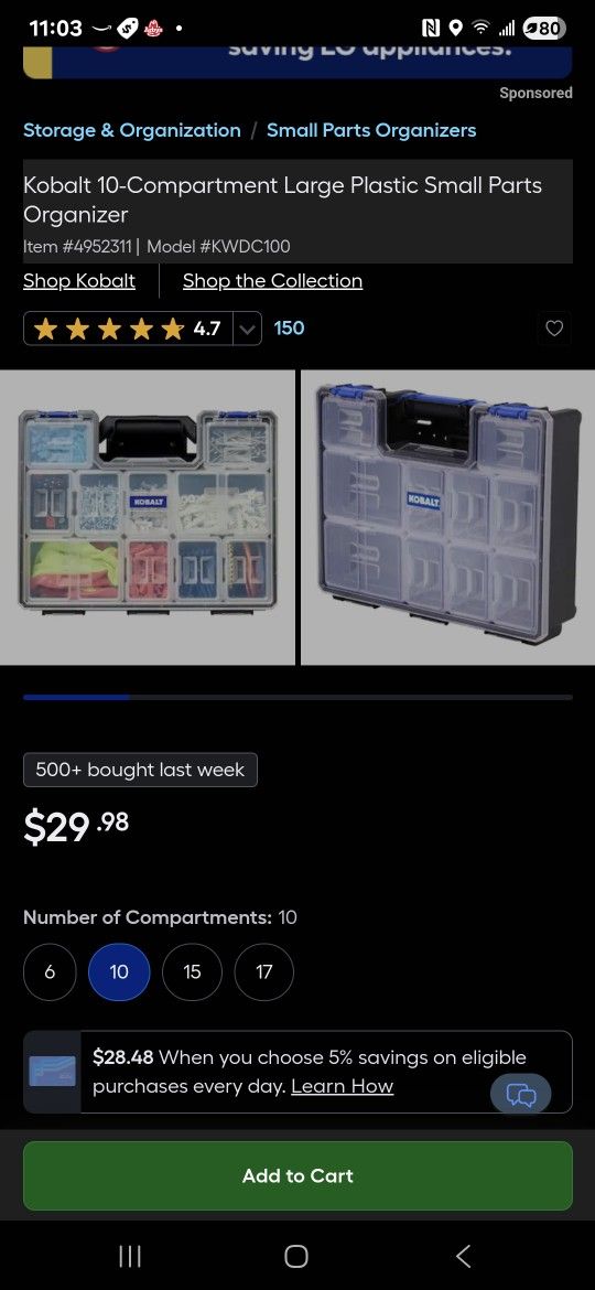 Kobalt 10-Compartment Large Plastic Small Parts Organizer $20 For 1, $85 For 5 Brand New