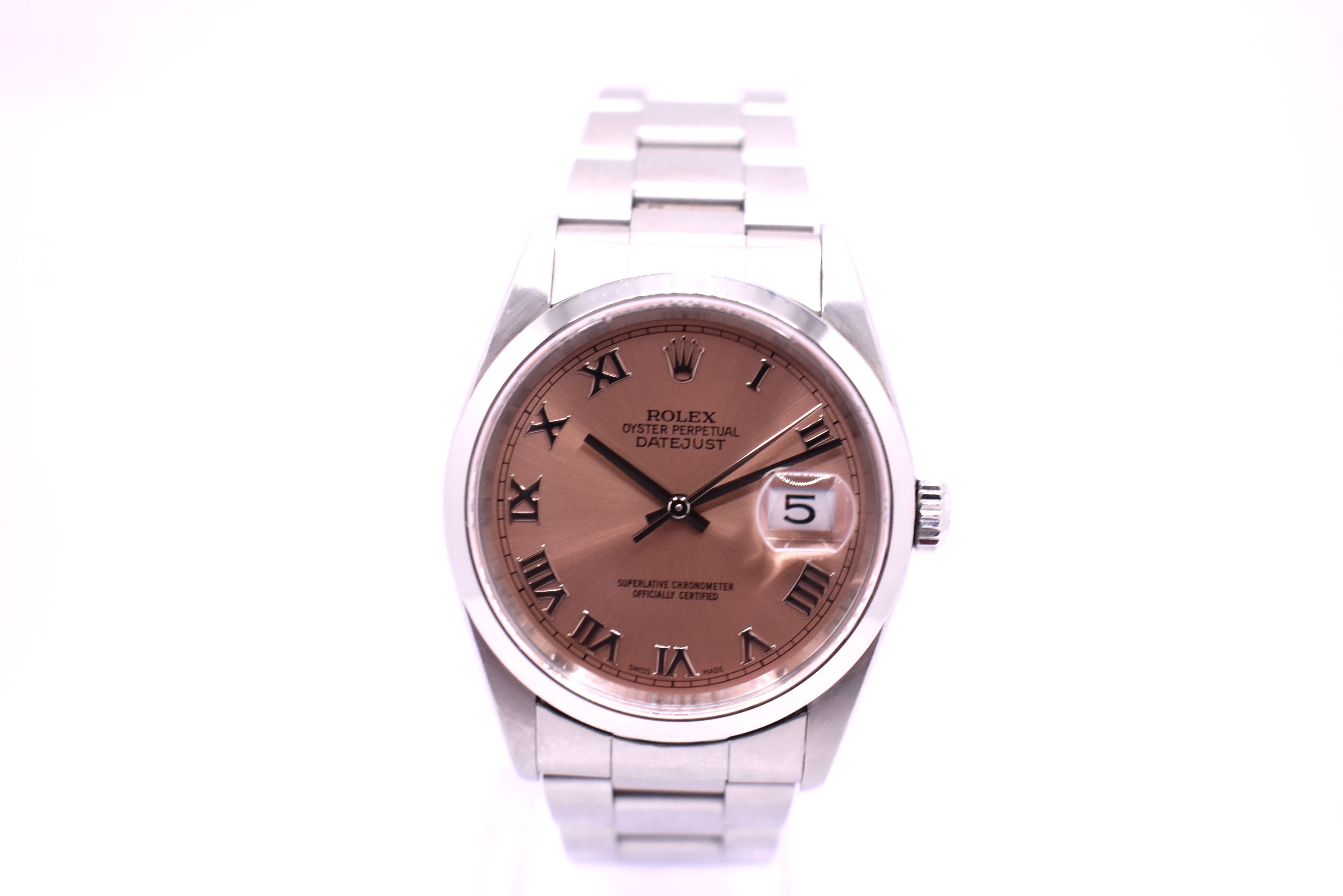 Rolex Datejust 36mm Steel Pink Roman Dial Smooth Bezel Oyster Bracelet - 16200