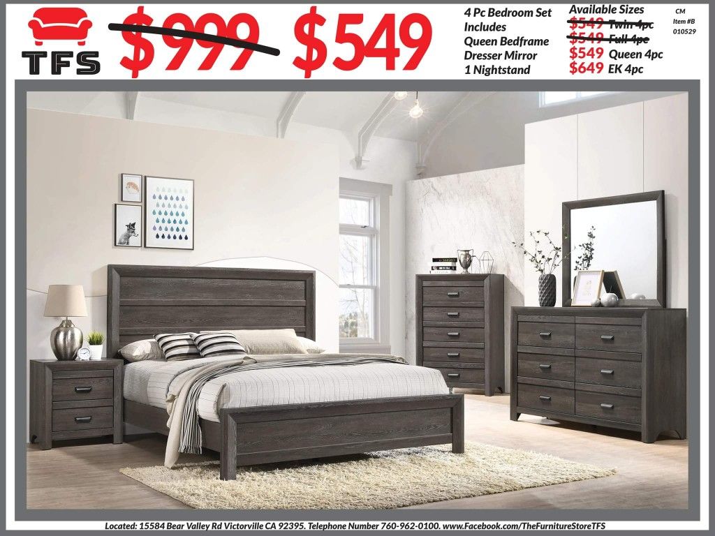 4pc Bedroom Set $549 Queen $649 Eastern King Includes bedframe Dresser mirror nightstand Gray Rustic Bedroom Set