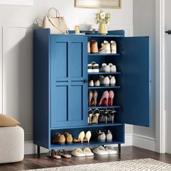 Shoe Cabinet with Cross Molding Doors, 6-Tier Shoe Storage Cabinet with 3 Adjustable Shelves and Metal Legs, 45'' Tall Shoes Rack Organizer 