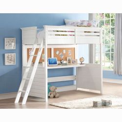 WHITE TWIN SIZE LOFT BED CORK BOARD DESK ESCRITORIO
