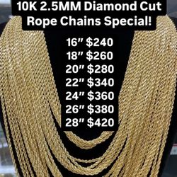 10K 2.5MM Diamond Cut Rope Chains 