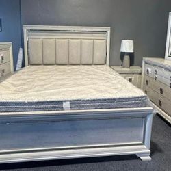 Vail Gray LED Upholstered Panel Bedroom Set Queen Or King Bed 