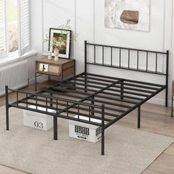King/Queen Bed Metal Platform Frame with Headboard Sturdy Steel Slats Support , Black