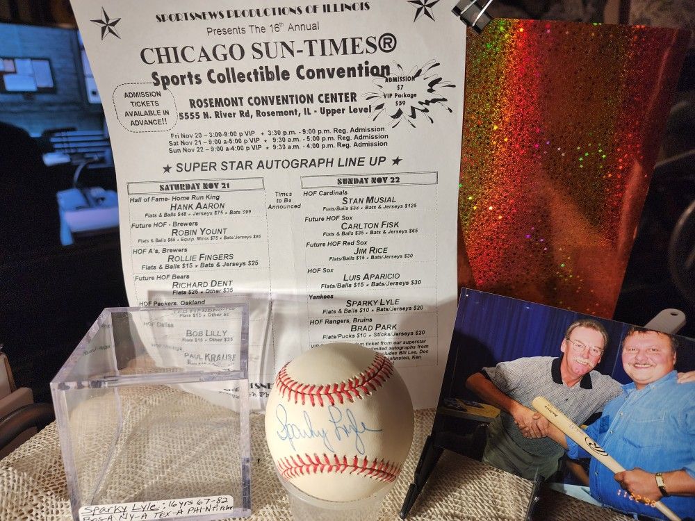 Sparky Lyle Signed Major League Baseball W/COA, PHOTO, SCHEDULE & BALLCUBE