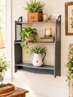 Vintage Cottagecore Solid Wood Wall Shelf Four Tiers Intricate Side Panels