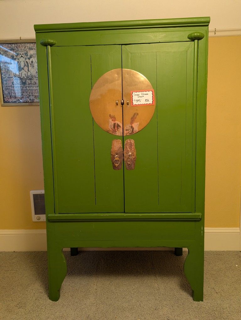 Gorgeous Vintage Armoire Wardrobe Polished Brass Hardware Gilded Panels