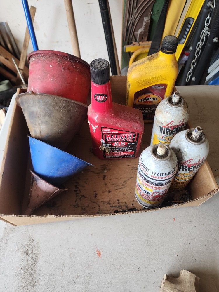 Funnels, marvel oil, rust penetrating oil, trans fluid