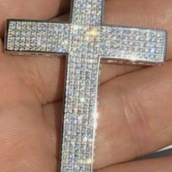 14 Kt White Gold Over Real 925 Silver Large Iced Cross Pendant 2.5CT MOISSANITE Passes Diamond Tester
