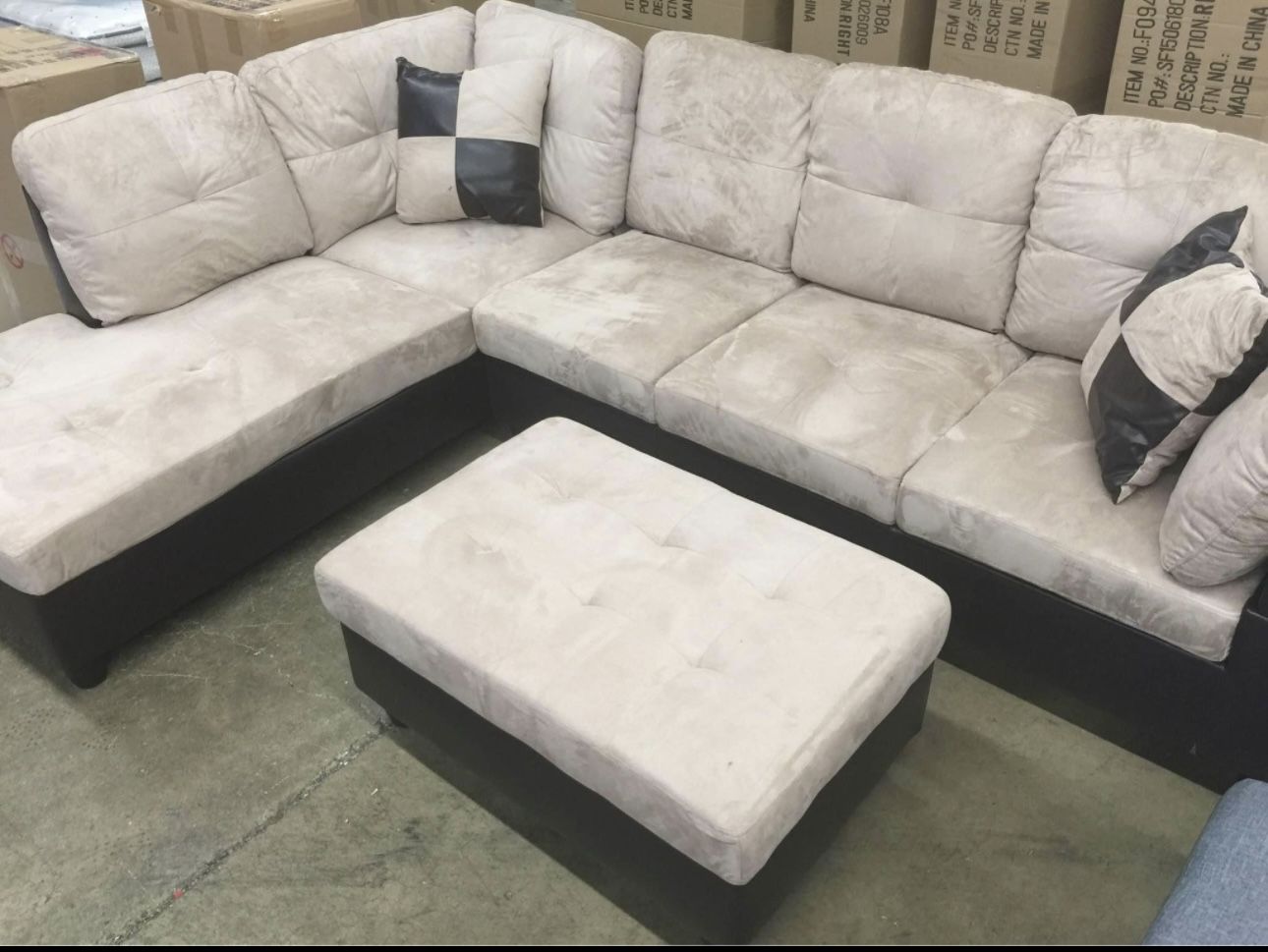 Beige Microfiber Sectional Couch and Storage Ottoman