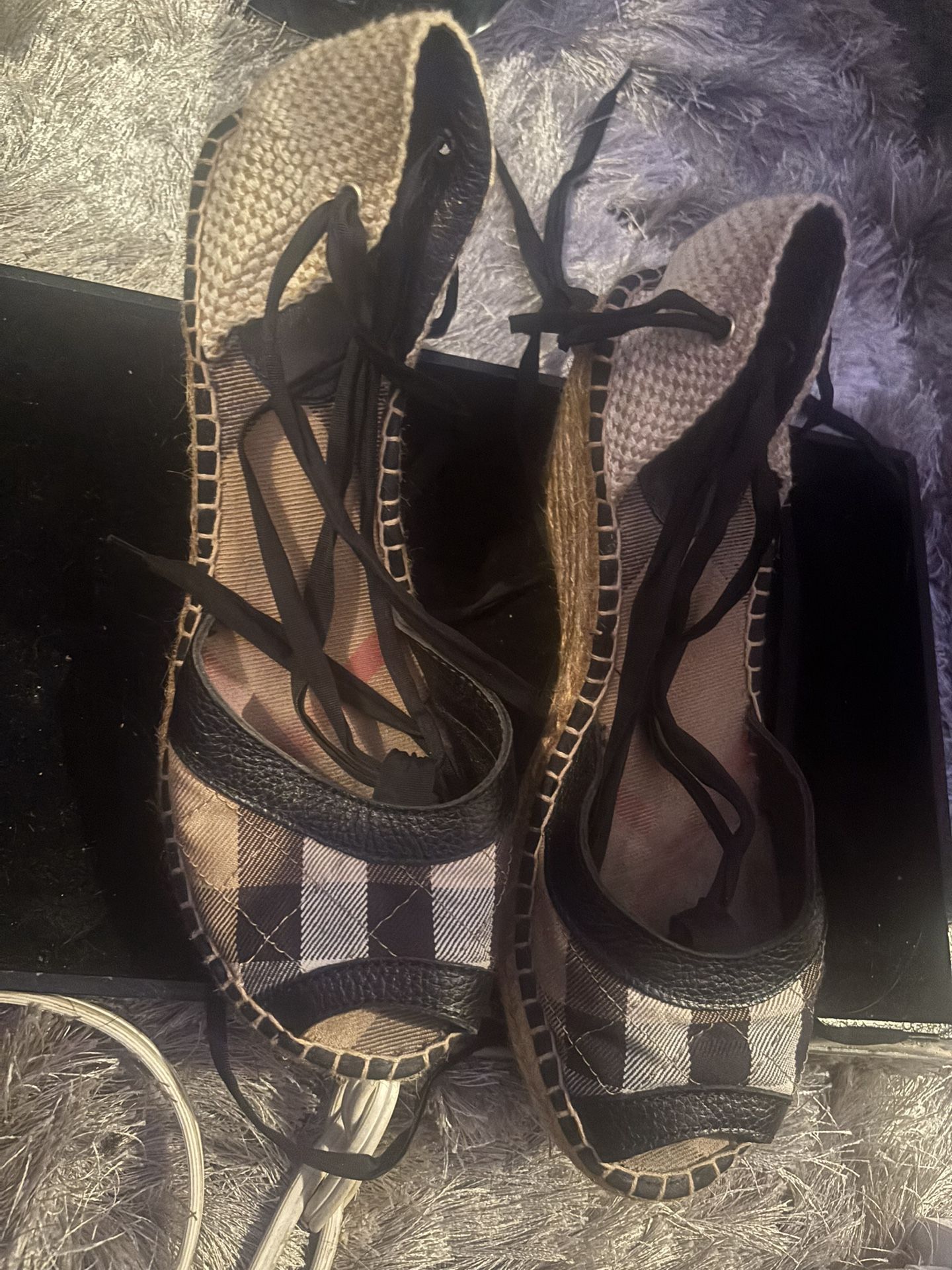 Burberry Espadrille shoes logo wedge sandals strap up heels lace up platforms