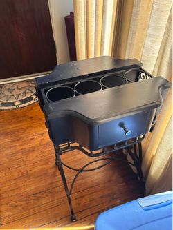 Vintage Wrought Iron Plant Stand / Garden Cart with Drawer – Heavy Metal, Unique