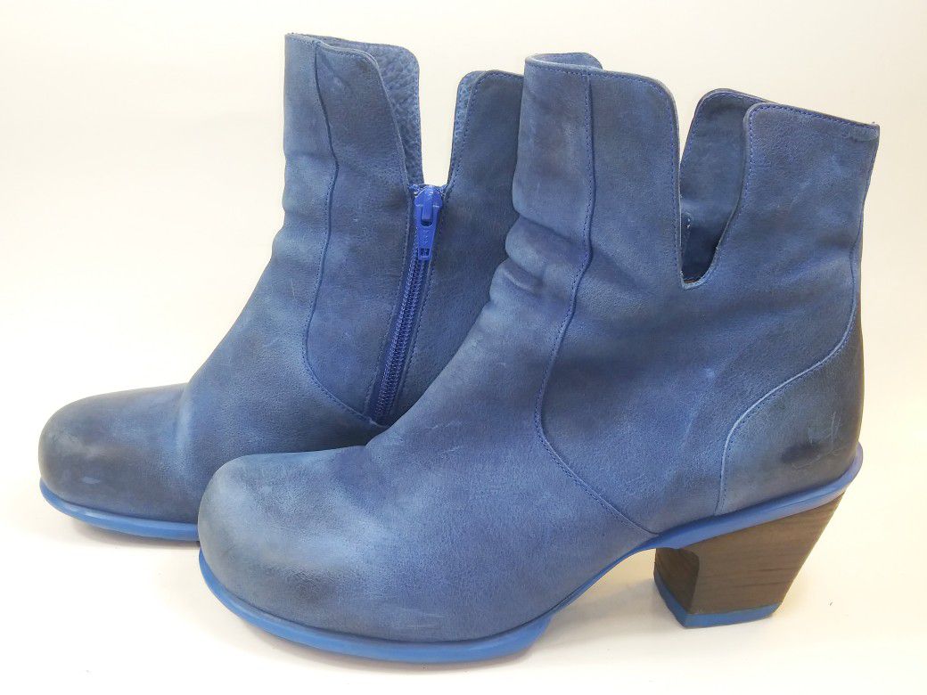 JOHN FLUEVOG Women's Ankle Boots Distressed Blue Black Side Zip US 10 Msrp $369