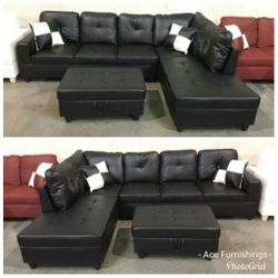 Brand New Black Leather Sectional With Storage Ottoman & 2 Decorative Pillows