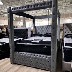 AP🎉 Gray Queen Canopy Bed Frame// Financing & Delivery 