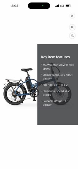 Concord 20" Urbanfold Electric Folding Bike, 36V, Class 2, Blue, Fits Riders 4'11" - 6'2", Adult, Unisex