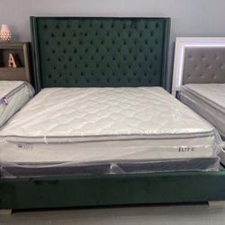 New King Size Green Velvet Bed With Promotional Mattress And Box Spring Including Free Delivery