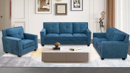 Blue linen modern style three piece couch set