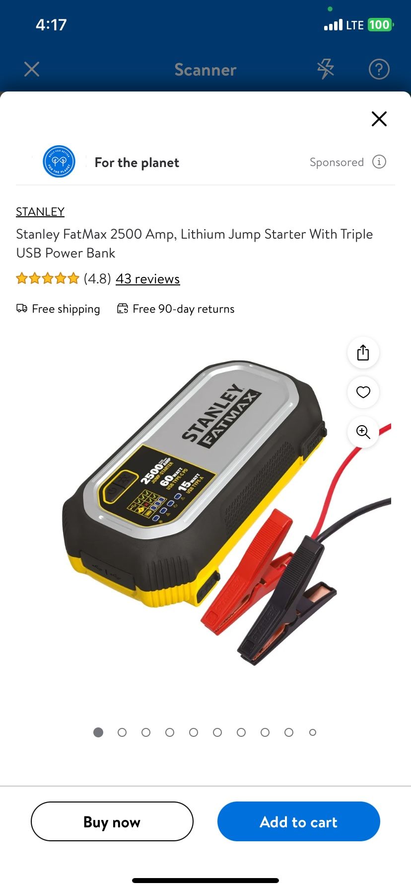 Stanley FatMax 2500 Amp, Lithium Jump Starter With Triple USB Power Bank