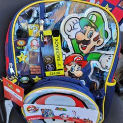 super mario 4 piece backpack lunch box nametag pencil accessory case new with tags