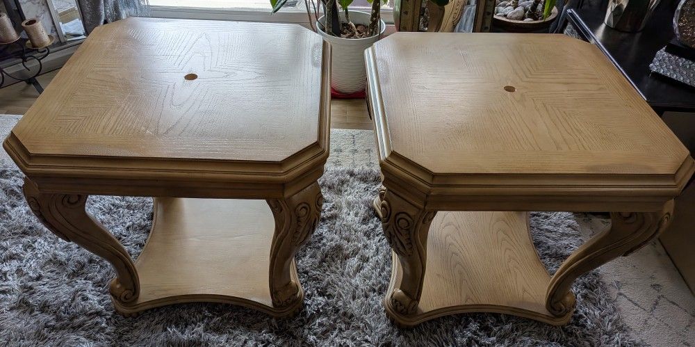 Beautiful Set Of Two Ornate Side/ End Tables With Bottom Shelves.