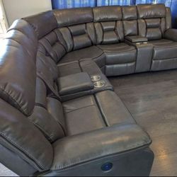 FULL POWER BRAND NEW GREY LEATHER RECLINING SECTIONAL SAME DAY DELIVERY 