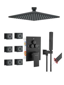 Vanfoxle matte black 10 Inch Shower Head with 6 PCS Body Jets Shower Faucet Set Brushed Nickel Shower System (Rough-in Valve Body and Trim)