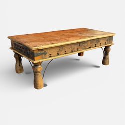 Rustic Indian Sheesham Wood Coffee Table with Nailhead Design and Baluster Legs