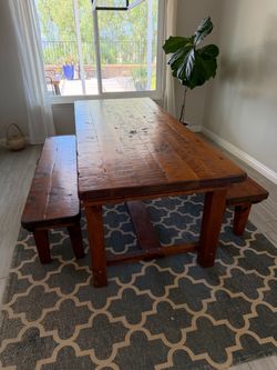 Authentic NZ-Made Big Dog Furniture Solid Macrocarpa Dining Table + 2 Benches