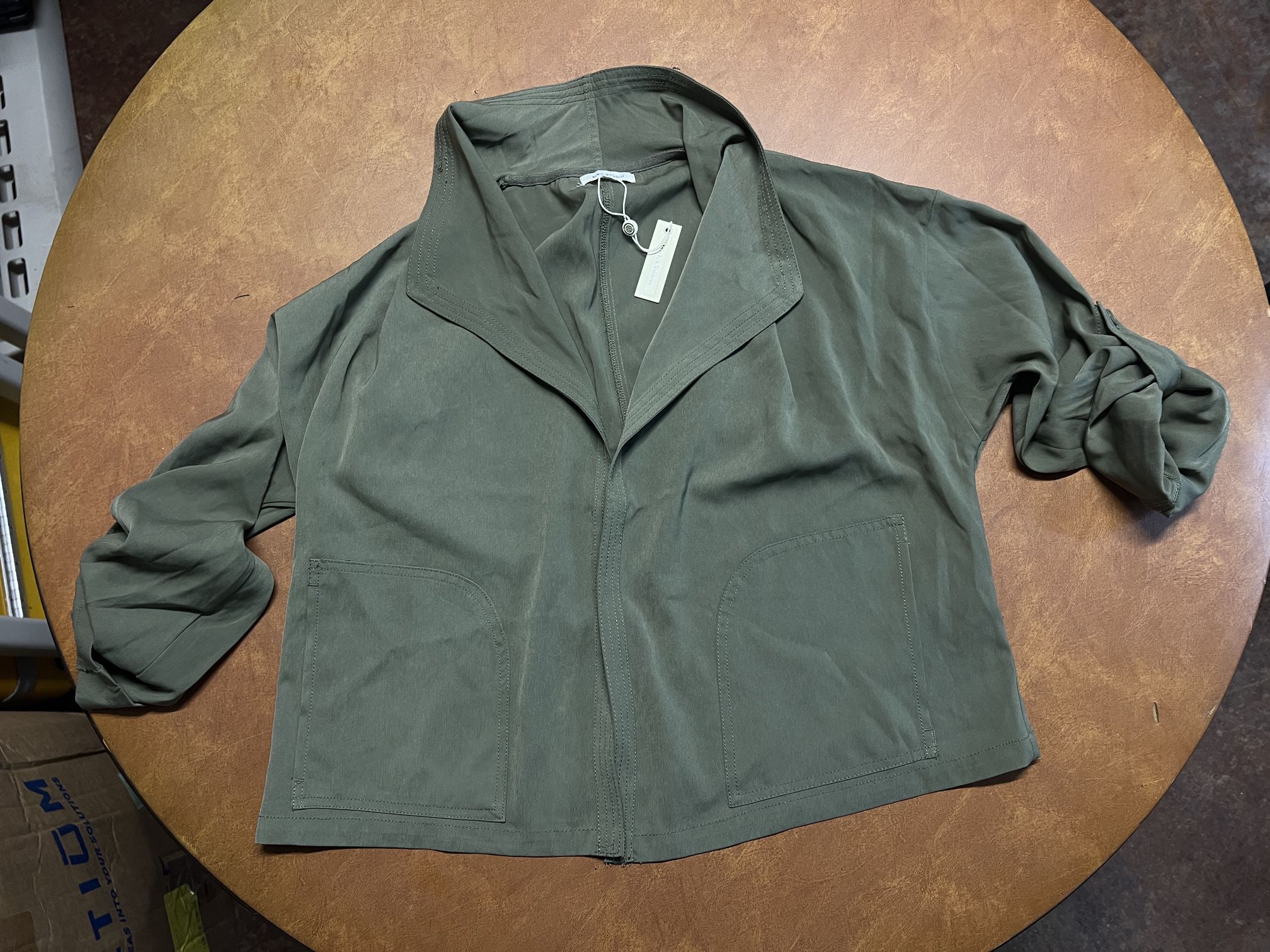 Max Studio Women's Green Twill Roll Tab Sleeve Drape Open Front Jacket Size M #231