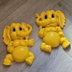 Vtg 1973 Homco Syroco Whimsical Elephant Plaques Set of 2 Yellow Child Nursery