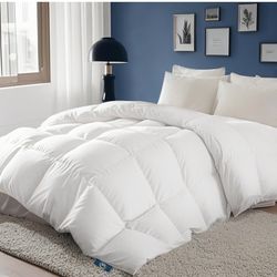 Serta All Season European Down Comforter Queen Size,100% Cotton，600 Fill Power Extra Fluffy, Made in USA, White Down Duvet Insert, Lightweight Medium 