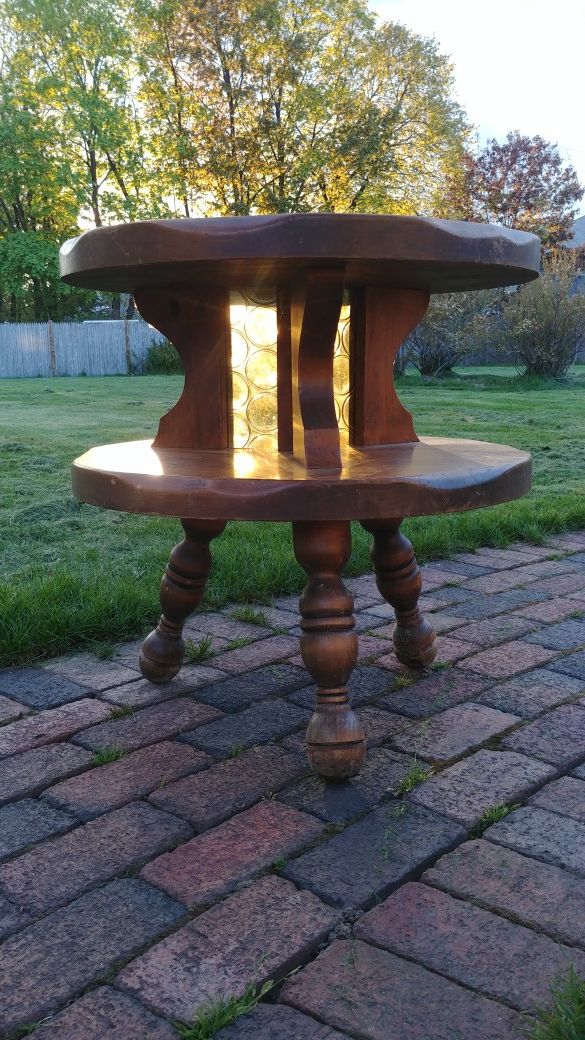 70s wood & amber bullseye glass table