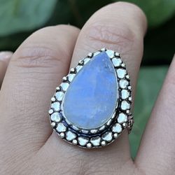 Size 8.5 925 Silver Overlay Natural Moonstone Ring 