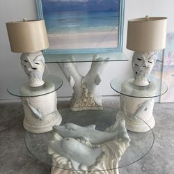 6 Pcs Dolphin Glass Top Tables And Lamps Set