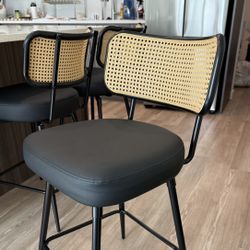 Swivel Upholstered Counter Stools With Rattan Back