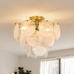 15" Small Gold Glass Ceiling Light, 4 Light Mid Century,White Art Deco Vintage Cloud