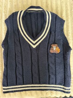 Small Navy blue cable knit sweater vest with cream stripes and a cute bear patch