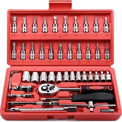 46 Pieces 1/4 inch Drive Socket Ratchet Wrench Set, with Bit Socket Set Metric and Extension Bar for Auto Repairing and Household, with Storage Case
