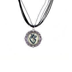 Gothic Anatomical Heart Pendant Necklace On Black Ribbon Adjustable 