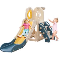 Freestanding Toddler Slide, 5 in 1 Kids Indoor Slide for Toddlers 1-3，L Shaped Slide with Basketball Hoop，Baby Slide for Indoor Outdoor for Boys and G