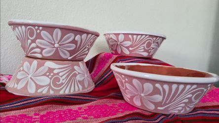 Pink and White, Talavera Style, Hand-Painted Mexican Ceramic Bowls