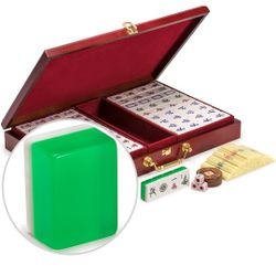  Juego clásico chino Mahjong, esmeralda con 148 azulejos verdes translúcidos y caja de madera