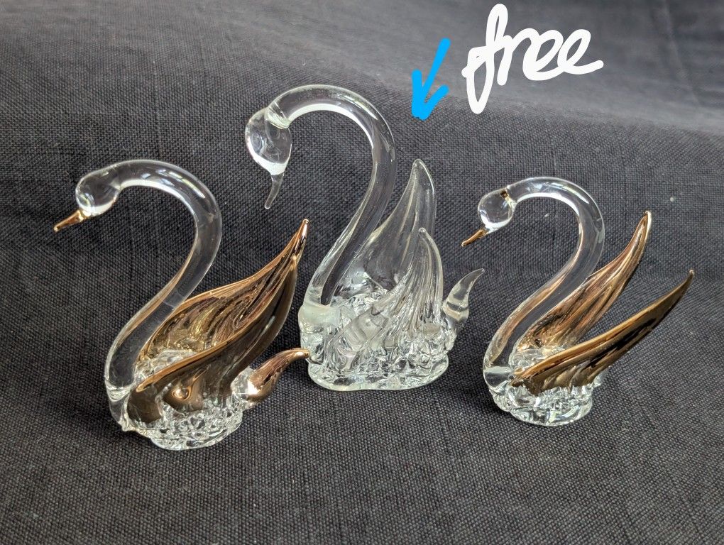Pair of Miniature Art Glass Swan Bird Figurine *Free Gift