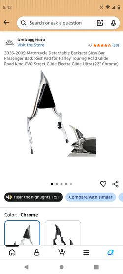 Harley Touring Detachable Sissy Bar 22" Chrome