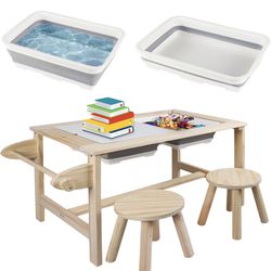 Multifunctional Children Interactive Activity Wooden Table Set for 1-3 Years, Drawing Table Play Sand & Water with Storage Bins Lid